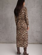 retro & icone Rochie Bej închis cu imprimeu leopard împodobită cu fentă și drapaj în talie Saliaris