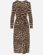 retro & icone Rochie Bej închis cu imprimeu leopard împodobită cu fentă și drapaj în talie Saliaris