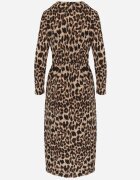 retro & icone Rochie Bej închis cu imprimeu leopard împodobită cu fentă și drapaj în talie Saliaris