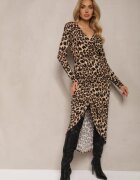 retro & icone Rochie Bej închis Imprimeu Leopard Ajustată Încrucișată cu Elastic în Talie Nikizia