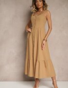 retro & icone Rochie bej închisă evazată din bumbac decorată cu nasturi și volănaș Lunavin