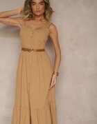 retro & icone Rochie bej închisă evazată din bumbac decorată cu nasturi și volănaș Lunavin