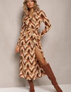retro & icone Rochie Bej-Maro Plic cu Model Geometric Elavelle
