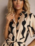 retro & icone Rochie Bej-Negru Cloș cu Mânecă Scurtă Închisă cu Nasturi cu Cordon din Material Nedia