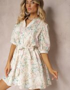 retro & icone Rochie Bej-Roz cu croi trapezoidal cu imprimeu floral mic cu curea din material textil în talie Ciratia