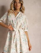 retro & icone Rochie Bej-Roz cu croi trapezoidal cu imprimeu floral mic cu curea din material textil în talie Ciratia