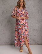 retro & icone Rochie Bej-Roz cu Decolteu Petrecut și Curea din Material cu Imprimeu Floral de Lalele