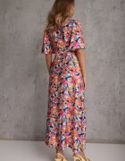retro & icone Rochie Bej-Roz cu Decolteu Petrecut și Curea din Material cu Imprimeu Floral de Lalele