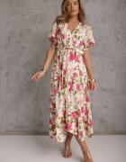 retro & icone Rochie Bej-Roz petrecută evazată cu volan și elastic în talie legată cu cordon Iratia