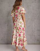 retro & icone Rochie Bej-Roz petrecută evazată cu volan și elastic în talie legată cu cordon Iratia