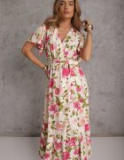 retro & icone Rochie Bej-Roz petrecută evazată cu volan și elastic în talie legată cu cordon Iratia