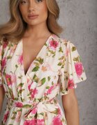 retro & icone Rochie Bej-Roz petrecută evazată cu volan și elastic în talie legată cu cordon Iratia