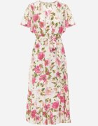 retro & icone Rochie Bej-Roz petrecută evazată cu volan și elastic în talie legată cu cordon Iratia