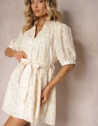 retro & icone Rochie Bej-Roz Trapez stil cămașă Decorată cu cordon textil în talie Darnagia