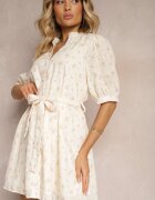 retro & icone Rochie Bej-Roz Trapez stil cămașă Decorată cu cordon textil în talie Darnagia