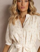 retro & icone Rochie Bej-Roz Trapez stil cămașă Decorată cu cordon textil în talie Darnagia