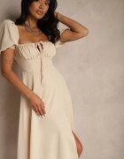 retro & icone Rochie bej rustică cu croi evazat cu legătură și șliț Idanvera
