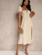 retro & icone Rochie bej rustică cu croi evazat cu legătură și șliț Idanvera