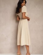 retro & icone Rochie bej rustică cu croi evazat cu legătură și șliț Idanvera