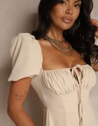 retro & icone Rochie bej rustică cu croi evazat cu legătură și șliț Idanvera