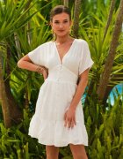 retro & icone Rochie Cămașă Albă Cambrată Mini cu Decolteu Adânc și Volane Nentri