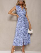 retro & icone Rochie Cămașă Albastră cu curea din material și nasturi cu imprimeu animalier Wospia