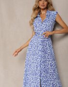retro & icone Rochie Cămașă Albastră cu curea din material și nasturi cu imprimeu animalier Wospia