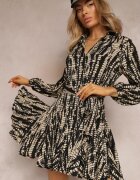 retro & icone Rochie Cămașă Neagră Mini cu Volan și Curea Legată Anagal