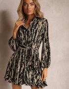 retro & icone Rochie Cămașă Neagră Mini cu Volan și Curea Legată Anagal