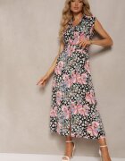 retro & icone Rochie cămașă Negru-Roz cu nasturi cu centură din material florală Leapia