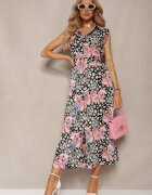 retro & icone Rochie cămașă Negru-Roz cu nasturi cu centură din material florală Leapia