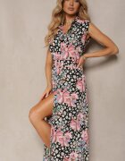 retro & icone Rochie cămașă Negru-Roz cu nasturi cu centură din material florală Leapia