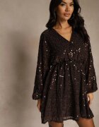 retro & icone Rochie Cloche Maro cu Mâneci Lungi Decorată cu Paiete Reisena