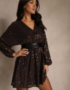 retro & icone Rochie Cloche Maro cu Mâneci Lungi Decorată cu Paiete Reisena
