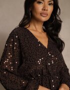 retro & icone Rochie Cloche Maro cu Mâneci Lungi Decorată cu Paiete Reisena
