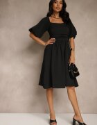 retro & icone Rochie cloche neagră cu mâneci bufante și decolteu pătrat Mariwena