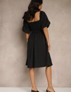 retro & icone Rochie cloche neagră cu mâneci bufante și decolteu pătrat Mariwena
