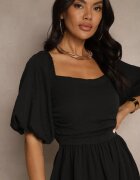 retro & icone Rochie cloche neagră cu mâneci bufante și decolteu pătrat Mariwena
