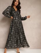 retro & icone Rochie Cloche Neagră cu Model Metalic Decorativ și Elastic în Talie Bonina