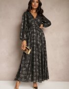 retro & icone Rochie Cloche Neagră cu Model Metalic Decorativ și Elastic în Talie Bonina