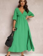 retro & icone Rochie Cloche Verde Maxi cu Decolteuri Adânci și Elastic în Talie Thanthea