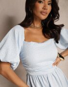 retro & icone Rochie Cloș Albastră cu Partea de Sus Elastică și Mâneci Bufante pe Umeri Velzemia