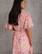 retro & icone Rochie cu elastic în talie cu flori decolteu petrecut și fronseuri Antameia Roz