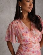 retro & icone Rochie cu elastic în talie cu flori decolteu petrecut și fronseuri Antameia Roz
