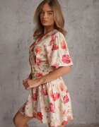 retro & icone Rochie cu vâscoză elastic în talie la spate și decolteu petrecut cu flori Hippeia Bej