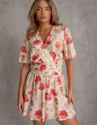 retro & icone Rochie cu vâscoză elastic în talie la spate și decolteu petrecut cu flori Hippeia Bej
