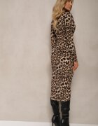 retro & icone Rochie de cocktail bej închis cu imprimeu leopard cu croială mulată și umeri întăriți Nikisha