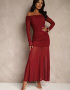 retro & icone Rochie de cocktail Bordo cu mâneci transparente și drapaj Haludea