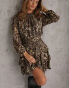 retro & icone Rochie de cocktail cu imprimeu leopard maro cu elastic în talie decorată cu volane Quinthelia