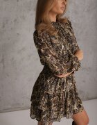 retro & icone Rochie de cocktail cu imprimeu leopard maro cu elastic în talie decorată cu volane Quinthelia